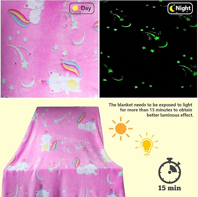 Halloween Glow in The Dark Pink Cat Throw Blanket with Storage Bag, Soft Blanket for Girls Boys, Camping Blanket, Gifts for Children Ages 1-10, Kids Blanket, Day Care Home Office Travel Use, Pink