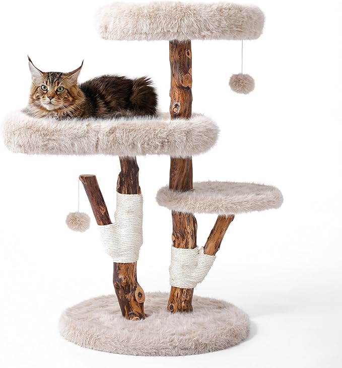 Aesthetic Cat Tree Tower for Large Cats, Large Cat Tree for Maine Coon Indoor Cats with Faux Fox Fur, Solid Wood Sisal Scratching Post, Perches, Platform & Toy Ball