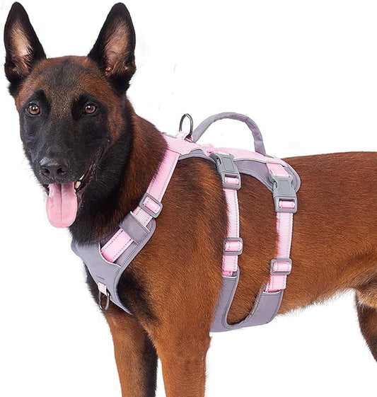 Huntboo Reflective Dog Harness with Handle, Escape Proof, No Slip, Breathable, Lightweight, Adjustable Lift Harness for Small, Medium, and Large Dogs Walking, Training, and Running Gear(Light Pink,L)
