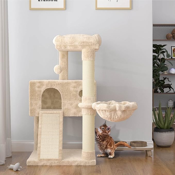 SHA CERLIN Cat Tree 36 Inches Cat Tower with Hammock, Sisal Scratching Post for Indoor Kittens, Small Room, Beige