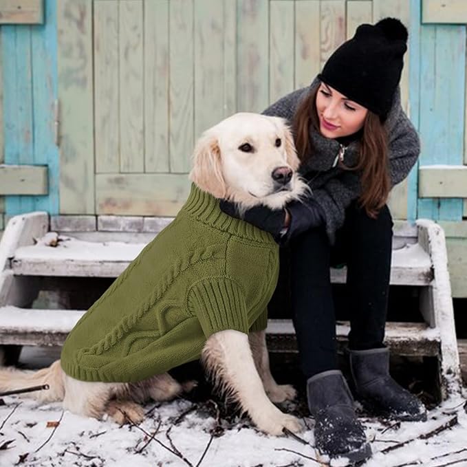 Queenmore Small Dog Pullover Sweater, Cold Weather Cable Knitwear, Classic Turtleneck Thick Warm Clothes for Chihuahua, Bulldog, Dachshund, Pugl,OliveGreen,XXL