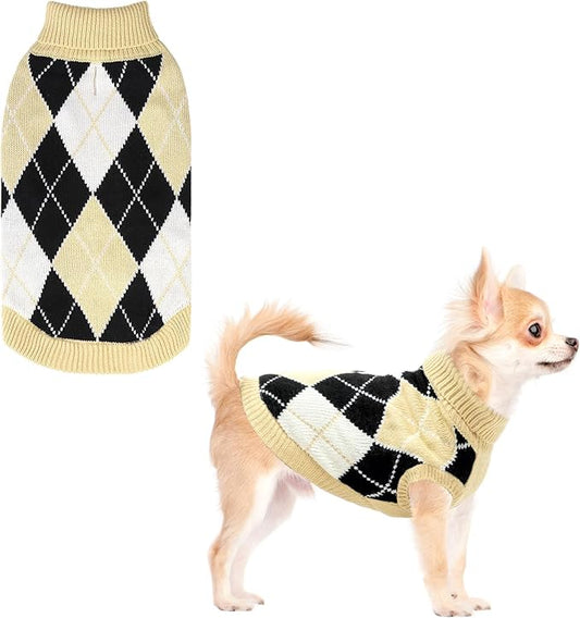 KOOLTAIL Small Dog Sweater, Knit Turtleneck Cold Weather Dog Sweaters for Medium Large Dogs, Soft Diamond Plaid Pullover Knitwear Dog Winter Warm Clothes, Pet Coat Puppy Sweater for Girls Boys XS