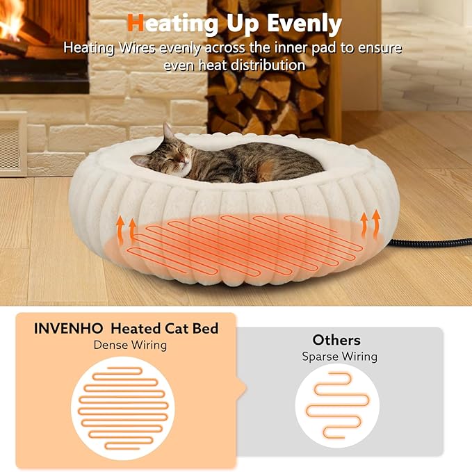 INVENHO Heated Cat Beds for Indoor Cats and Small Dogs, 20" Cozy Donut Heated Pet Bed with Timer & Temp Adjustable, Removable Waterproof Electric Warming Bed for Indoor Cat