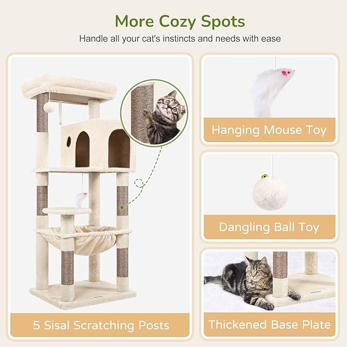 Globlazer Cat Tree Tower with Scratching Post for Indoor Cats, 53inch Tall Plush Multi-Level Cat Climbing Tower Condo House with Large Hammock, Spacious Cat Cave, Big Padded Top Perch Bed, F53, Beige