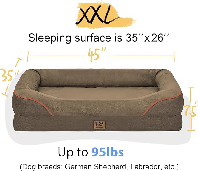 Washable Orthopedic Large Dog Bed -XL Large Dog Bed with Removable & Waterproof Cover Pet Beds with Foam Support for Big Size Dogs with Bolster