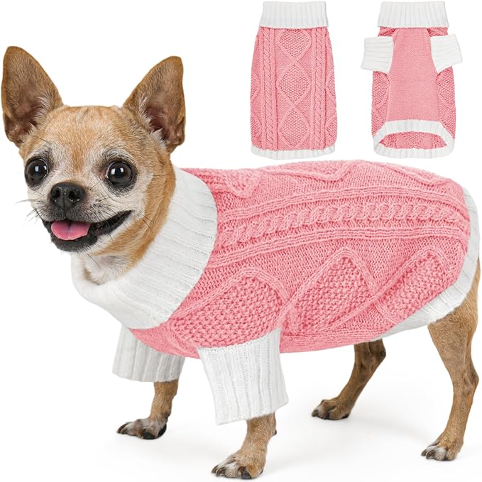 Dog Sweater for Small Dogs Argyle Cable Knit Turtleneck Pullover Winter Clothes Boys Girls Stretch Puppy Doggie Chihuahua Yorkie Pomeranian Toy Poodle Pet (S, Pink)
