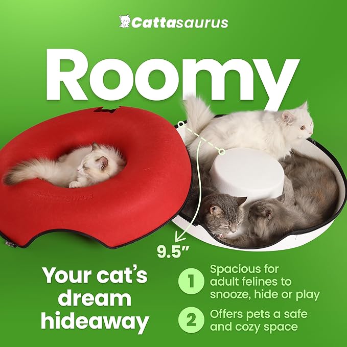 Cattasaurus Peekaboo Cat Cave, Extra Spacious for Multiple & Large Cats 12+ lbs, Scratch Detachable Cat Beds for Indoor Cats, Washable Tunnel Bed, Comfy Donut Tunnel (Ruby Snowball, Jumbo)
