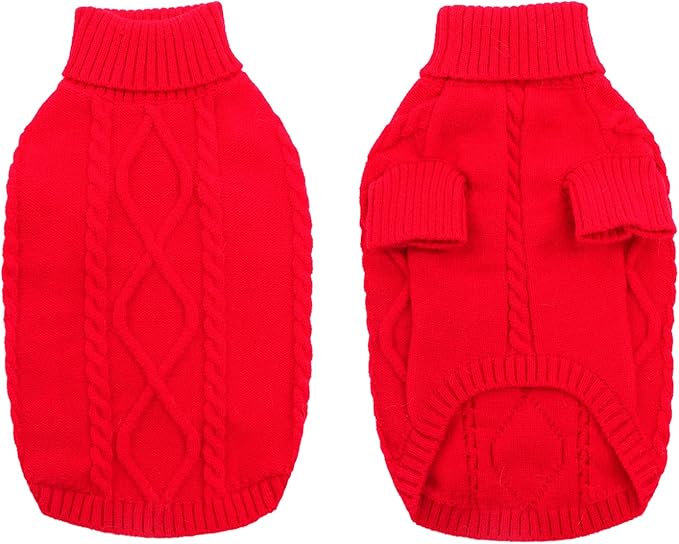 Queenmore Small Dog Pullover Sweater, Cold Weather Cable Knitwear, Classic Turtleneck Thick Warm Clothes for Chihuahua, Bulldog, Dachshund, Pug (Red, X-Small)