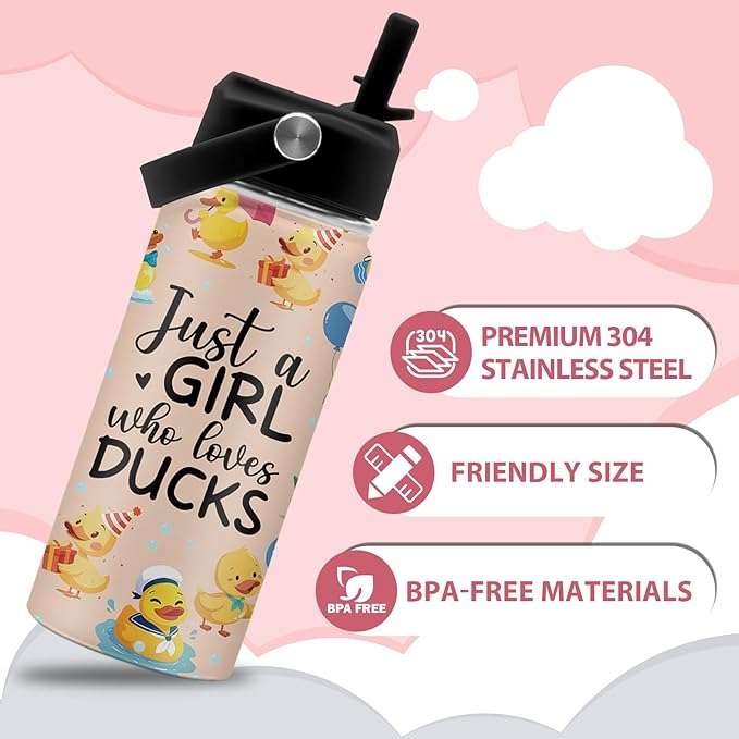 Duck Gifts, 16 oz Water Bottle with Straw Lid, Stainless Steel Insulated Water Bottles, Cute Duck Cup Gifts for Birthday Chritmas