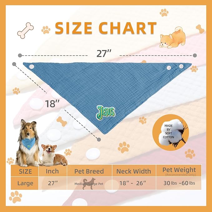 Solid Color Letter Embroidered Dog Scarf - Adjustable Cotton Bandana for Large Dogs,Blue,Large