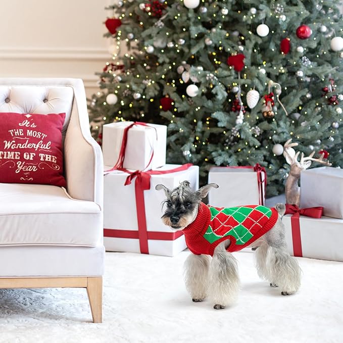 KOOLTAIL Christmas Sweater - Knit Turtleneck Cold Weather Sweater for Small Medium Large Dogs, Red and Green Plaid Pullover Knitwear Winter Warm Clothes for Puppies, Girls Boys S