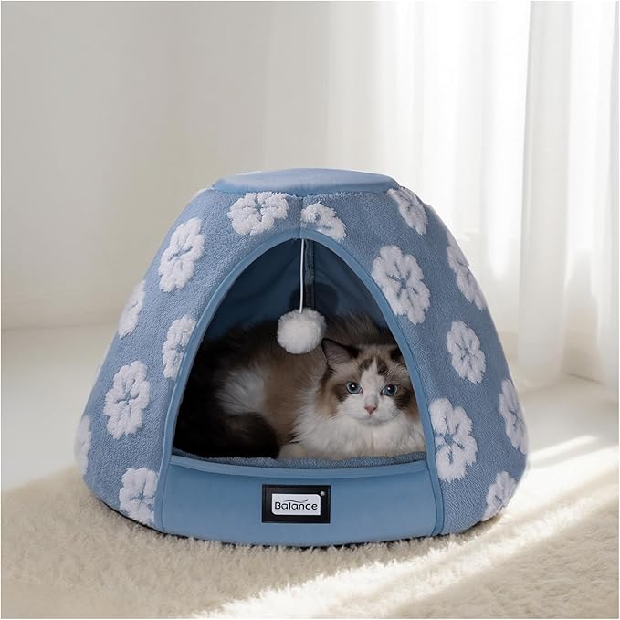 BALANCE Cat Beds for Indoor Cats, 2-in-1 Cat Bed Cave with Anti-Slip Bottom and Ultra-Soft Plush, Cozy Cats House Tent for Kittens and Small Dogs, 21 Inches, Blue