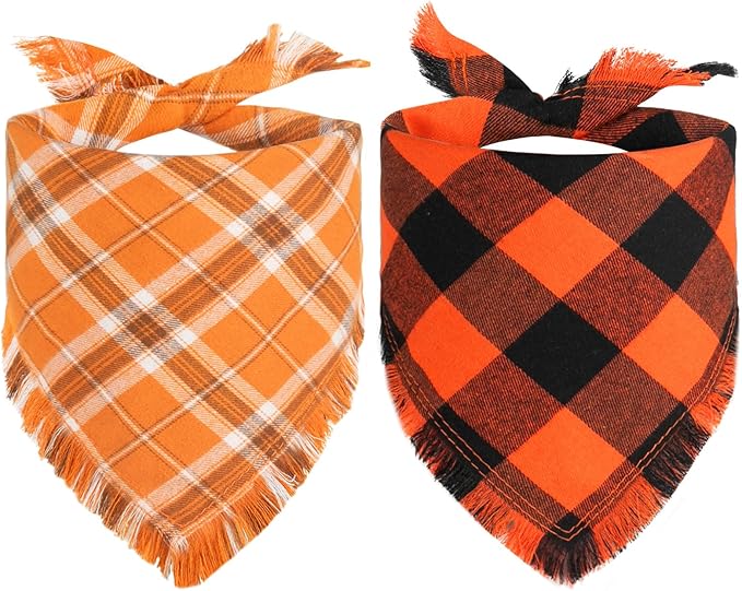 Kytely Thanksgiving Fall Dog Bandana 2 Pack, Autumn Dog Bandanas X-Large, Orange Plaid Pet Scarf for Boy and Girl, Holiday Halloween Reversible Triangle Bibs Accessories for Dogs Pets