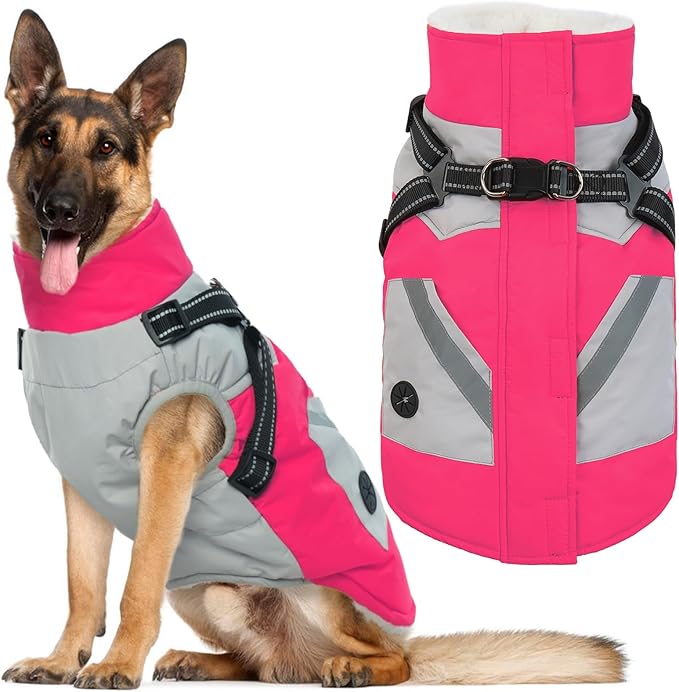 IECOii Large Dog Coat with Harness Built in - Rosered, Large - Waterproof Windproof Dog Winter Coat, Fleece Lined Zip Snow Jacket for Dogs Thermal Outdoor Snowsuit Cold Weather Jackets Bulldog