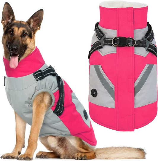 IECOii Large Dog Coat with Harness Built in - Rosered, Large - Waterproof Windproof Dog Winter Coat, Fleece Lined Zip Snow Jacket for Dogs Thermal Outdoor Snowsuit Cold Weather Jackets Bulldog