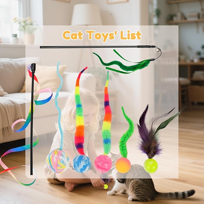 SHENGSEN Feather Wand Cat Toy,Bouncy Ball with Tail Cat Toys,Magic Worm with Large Colorful Ball Toy for Cats,Cat Feather Toys for Indoor Cats,Colorful Fuzzy Worm Bouncy Balls Cat Toy (ADM102-B-5A)