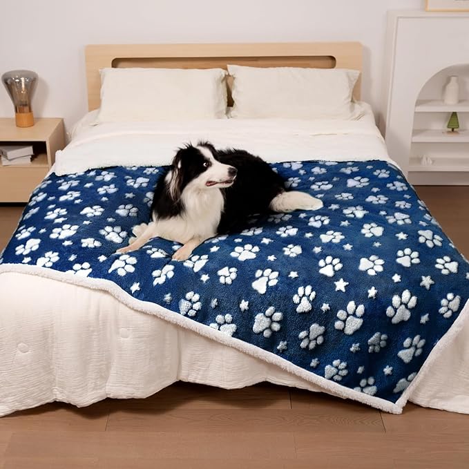 Waterproof Blanket for Dog Cat or Adult, Cute 3D Textured Paw Dog Blanket for Bed Couch Sofa, Soft Liquid Pee Proof Pet Furniture Protector, 50"x60", Navy Blue