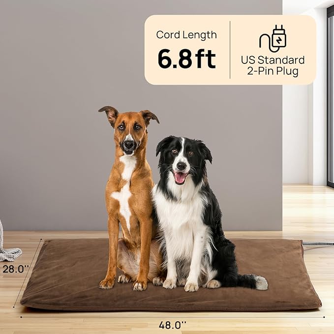 TURBRO 48x28” Extra Large Pet Heating Pad, Electric Heated Dog Bed for Large Breeds, Air Valve Design, Anti-Bite Cord, Ultra-Soft and Anti-Slip Cover, Outdoor and Indoor Use, UL Test Passed, Brown
