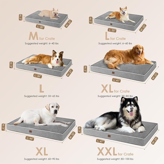 EHEYCIGA Waterproof Dog Bed Memory Foam 41x27, Orthopedic Dog Beds Mat for Extra Large Dogs with Removable Cover, Grey