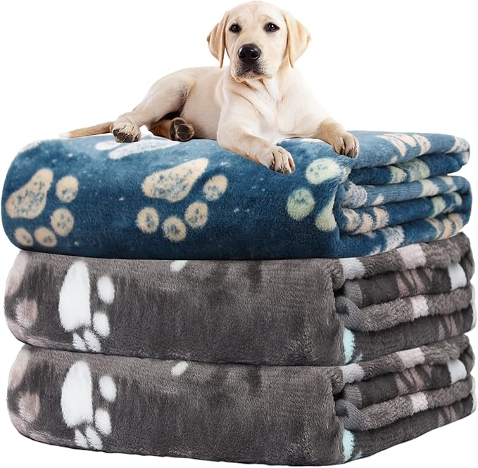 Rezutan Dog Blankets for Large Dogs, Premium Cat Flannel Blanket Washable, Soft Pet Throw Cover for Kennel Crate Bed, Cute Paw Pattern, 41x31 inch, 2Gray1Blue