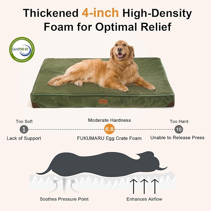 FUKUMARU Dog Bed, Plush Corduroy Orthopedic Dog Beds with Removable Washable Cover, XL Waterproof Dogs Bed for Crate, Egg Crate Foam Support Pet Mat, Cozy Pet Bed Mat with Anti-Slip Bottom, Green