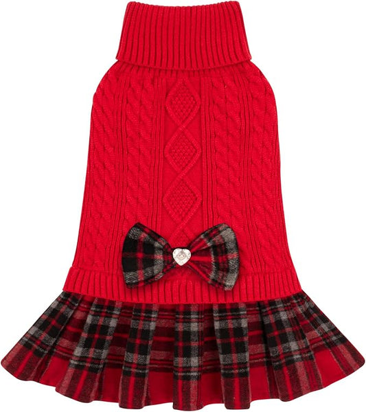 KYEESE Dog Sweater Warm Pullover Pet Coats Thick Dogs Clothes with Bowtie Soft Turtleneck Pet Sweater Dress Stretchy Cat Sweaters Comfy Knitwear Dog Sweaters for Small Dogs Girl, Red, Large