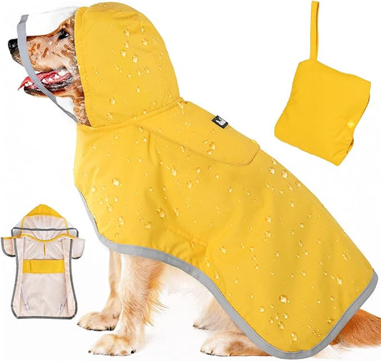 SlowTon Dog Raincoat, Adjustable Dog Rain Jacket Clear Hooded Double Layer, Waterproof Poncho with Reflective Strip Straps and Storage Pocket for Small Medium Large Dog (XXXL)