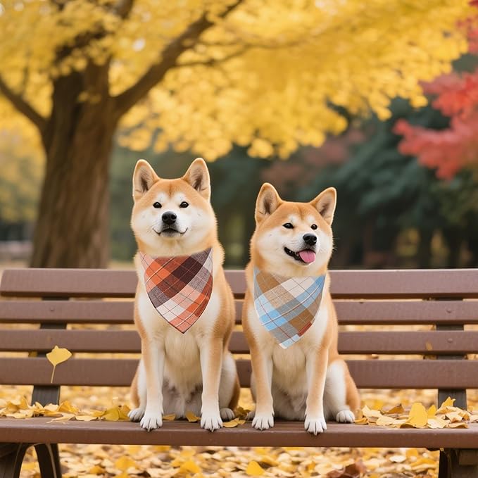 ADOGGYGO 4 Pack Plaid Dog Bandanas Fall Halloween Thanksgiving Christmas, Premium Cotton Fabric, Red Green Orange Blue Plaid Bandanas for Medium Large Dogs (Large)