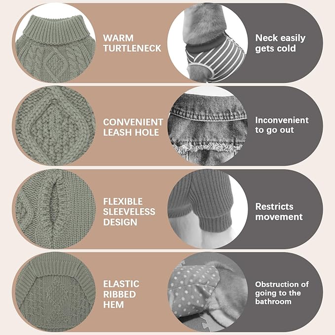 BINGPET Thermal Knitted Dog Sweater for Small Medium Large Dogs,Winter Dog Cat Coat Warm Sweartershirts Outfits,Classic Cable Knit Turtleneck Pullover Dog Jumper Coat Warm Sweartershirts
