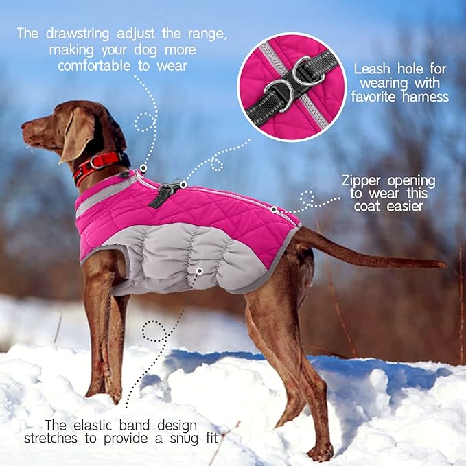 FUAMEY Dog Coat, X-Large, Pink, Faux Fur, Turtle Neck, Zipper, Water Resistant, Reflective, Windproof, Fitted for Large Breeds