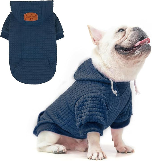 BEAUTYZOO Small Dog Hoodie Sweater with Pockets, Dog Clothes for Small Medium Dogs Boy Girl, Waffle-Like Laminated Cotton Pet Coats with Hat and Leash Hole, Navy Blue M