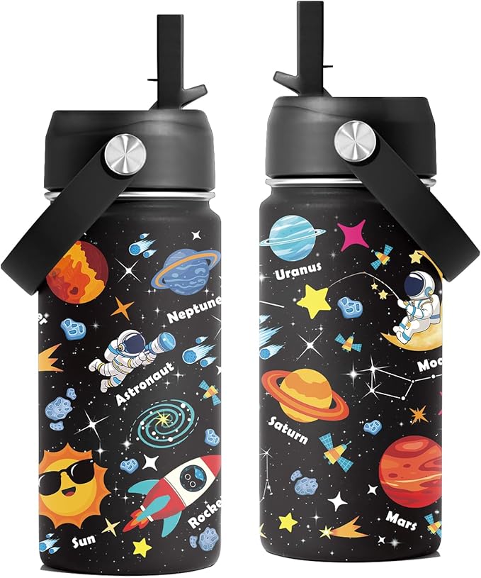 Space Astronomy Gifts, 16 oz Space Water Bottle with Straw Lid, Stainless Steel Insulated Tumbler, Astronaut Planet Birthday Gifts Cups
