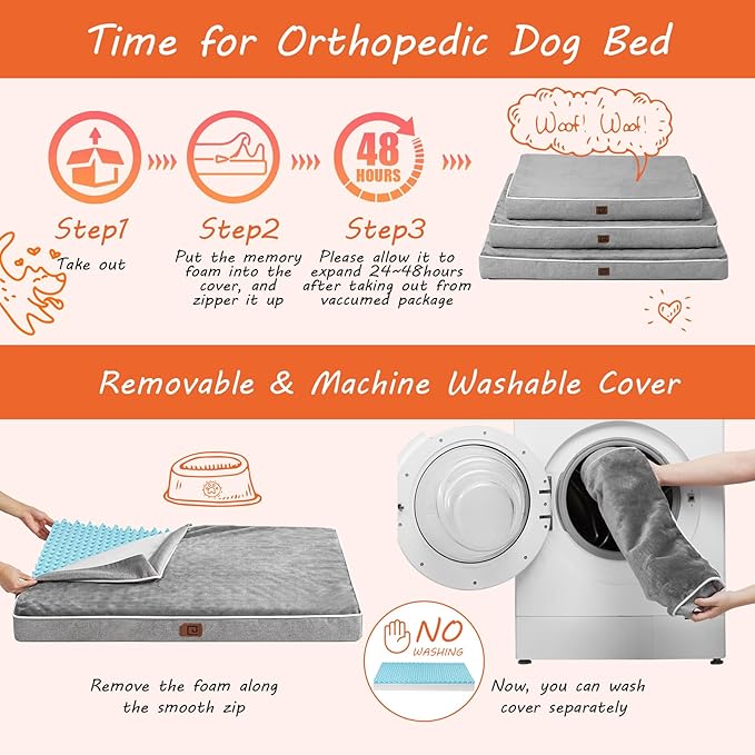 EHEYCIGA Waterproof Dog Bed Memory Foam 35x23, Orthopedic Dog Beds Mat for Large Dogs with Removable Cover, Grey