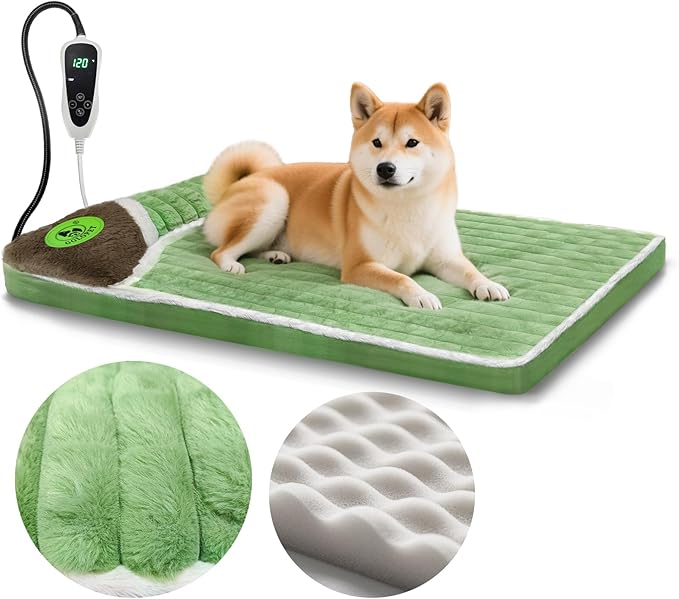 Heated Dog Bed 32x20x2 in,Equipped with MET/UL Dual Certified Heating Pad and Intelligent Controller,Thickened Memory Sponge+100% Plush Heated Pet Bed,Indoor Puppy Bed with Side Pillows