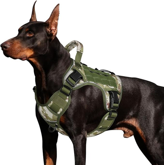 WINGOIN Tactical Dog Harness for Large Dogs, Heavy Duty No Pull Dog Harness with Handle, Adjustable Reflective Military K9 German Shepherd Big Size Dog Vest for Walking, Hunting, Green Camo (L)