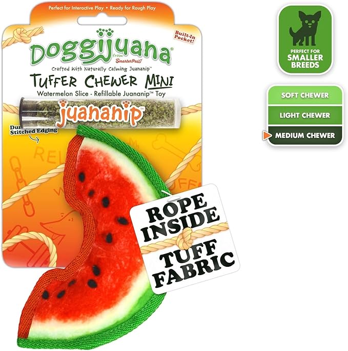 Doggijuana Tuffer Chewer Mini Plush Dog Toy | Funny Dog Toy Plush with Juananip Catnip for Dogs | Calming Aid for Dogs | Interactive Squeaky Chew Toy for Play (Watermelon Slice)