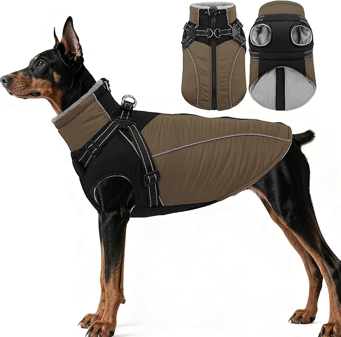 ASENKU Reflective Dog Coat with Built-in Harness, Windproof Fleece-Lined Dog Jacket for Small, Medium, Large Dogs, Warm Winter Vest with Turtleneck & Zipper (Khaki 2XL)