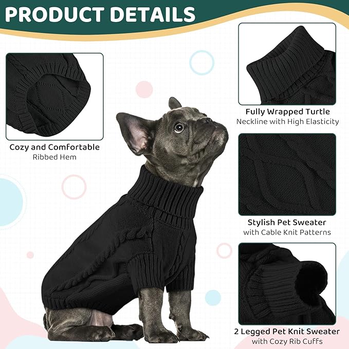 Queenmore Small Dog Pullover Sweater, Cold Weather Cable Knitwear, Classic Turtleneck Thick Warm Clothes for Chihuahua, Bulldog, Dachshund, Pug (Black, Large)