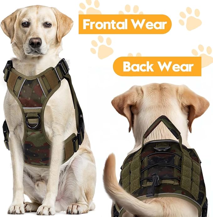 Heavy-Duty Tactical Dog Harness for Large Dogs, No Pull Adjustable Reflective Pet Vest with Molle System, K9 Military-Grade Control for Service Training, Outdoor & 10+ Breeds, Green Camo, Small