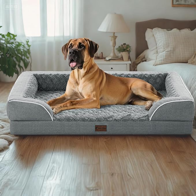 Orthopedic Dog Beds for Extra Large Sized Dogs, Waterproof Memory Foam XL Pet Bed with Sides 42x30Inch, Non-Slip and Egg-Crate Foam Big Dog Couch Bed with Removable Washable Cover, Grey