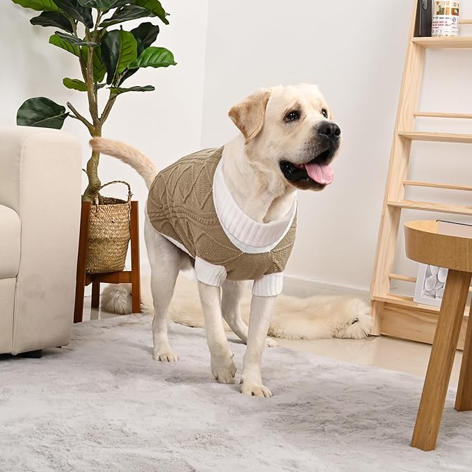 Dog Sweater for Large Dogs Argyle Cable Knit Turtleneck Pullover Winter Clothes Boys Girls Stretch Golden Retriever Labrador Bulldog Pitbull Doberman Pet (XL, Brown)