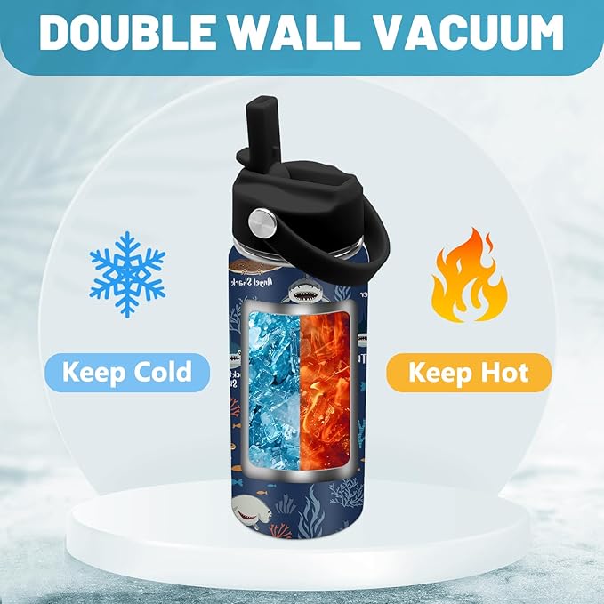 Shark Gifts, 16 oz Water Bottle with Straw Lid, Stainless Steel Insulated Tumbler, Cute Shark Water Bottles for Shark Lovers, Ocean Animals Lovers Gifts Cups