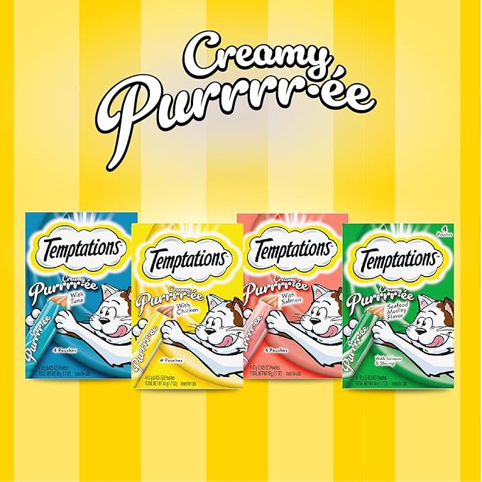 Temptations Creamy Puree Mix-Ups Squeezable Lickable Wet Cat Treats, Tuna Flavor, Salmon Flavor, and Seafood Medley Flavor, 0.42 oz. Tubes, 24 Count