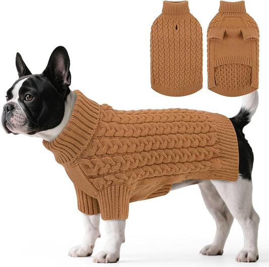 SAWMONG Dog Sweater, Dog Sweaters for Large Dogs Girls Boys, Pullover Turtleneck Knitted Doggy Sweatshirt, Cold Weather Pet Clothes（Khaki, Large