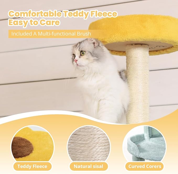 HYABi 65.5 Inch Sunflower Cat Tree Tower Multi-Level Cat Condo with Plush Scratching Posts, Toy Balls, and Pet House, Indoor Play Platform for Large Adult Cats, Cute Sunflower Design