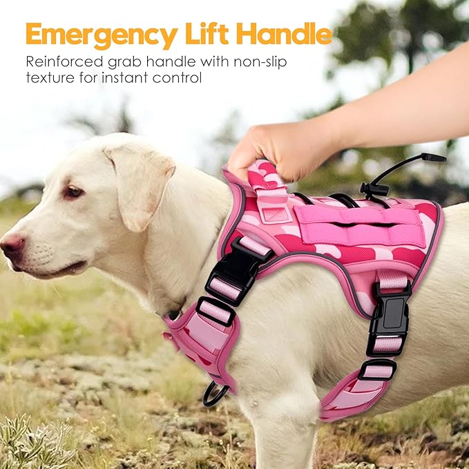 Heavy-Duty Tactical Dog Harness for Large Dogs, No Pull Adjustable Reflective Pet Vest with Molle System, K9 Military-Grade Control for Service Training, Outdoor & 10+ Breeds, Pink Camo, Medium