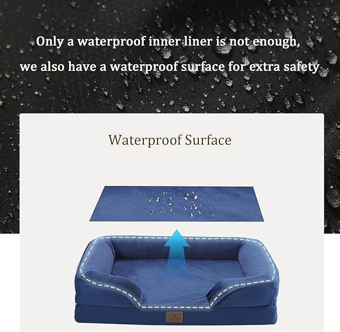Bedfolks Orthopedic Dog Bed, Waterproof Dog Sofa Bed for Large Dogs, Egg Foam Pet Couch Bed with Removable Washable Cover and Nonslip Bottom, Navy Blue