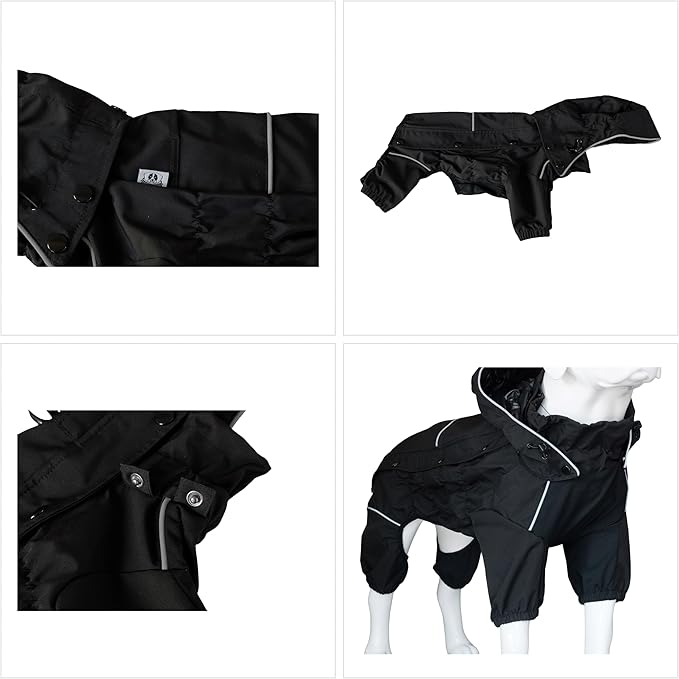 LOVELONGLONG Waterproof Dog Raincoat with Removable Hood – Outdoor Full Body Dog Jacket, Windproof Snowproof Shell Suit – All Season Pet Rain Gear Black M