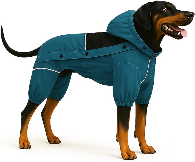 LOVELONGLONG Waterproof Dog Raincoat with Removable Hood – Outdoor Full Body Dog Jacket, Windproof Snowproof Shell Suit – All Season Pet Rain Gear Ocean Teal S+