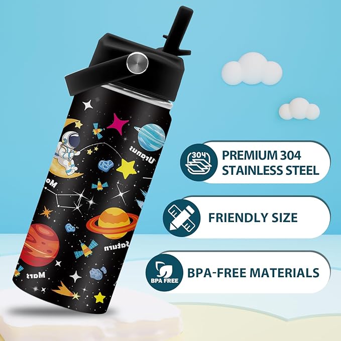 Space Astronomy Gifts, 16 oz Space Water Bottle with Straw Lid, Stainless Steel Insulated Tumbler, Astronaut Planet Birthday Gifts Cups